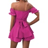 image:imageLYANER Womens Summer Off The Shoulder Wrap Tie Back Short Sleeve Ruffle Romper Dress Short JumpsuitHot Pink