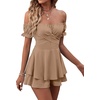 image:imageLYANER Womens Summer Off The Shoulder Wrap Tie Back Short Sleeve Ruffle Romper Dress Short JumpsuitKhaki