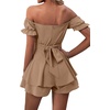 image:imageLYANER Womens Summer Off The Shoulder Wrap Tie Back Short Sleeve Ruffle Romper Dress Short JumpsuitKhaki