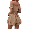 image:imageLYANER Womens Summer Off The Shoulder Wrap Tie Back Short Sleeve Ruffle Romper Dress Short JumpsuitKhaki