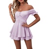 image:imageLYANER Womens Summer Off The Shoulder Wrap Tie Back Short Sleeve Ruffle Romper Dress Short JumpsuitLavender