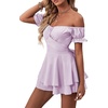 image:imageLYANER Womens Summer Off The Shoulder Wrap Tie Back Short Sleeve Ruffle Romper Dress Short JumpsuitLavender