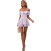 image:imageLYANER Womens Summer Off The Shoulder Wrap Tie Back Short Sleeve Ruffle Romper Dress Short JumpsuitLavender