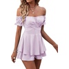 image:imageLYANER Womens Summer Off The Shoulder Wrap Tie Back Short Sleeve Ruffle Romper Dress Short JumpsuitLavender
