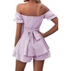 image:imageLYANER Womens Summer Off The Shoulder Wrap Tie Back Short Sleeve Ruffle Romper Dress Short JumpsuitLavender