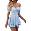 image:imageLYANER Womens Summer Off The Shoulder Wrap Tie Back Short Sleeve Ruffle Romper Dress Short JumpsuitLight Blue