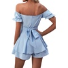 image:imageLYANER Womens Summer Off The Shoulder Wrap Tie Back Short Sleeve Ruffle Romper Dress Short JumpsuitLight Blue