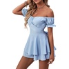 image:imageLYANER Womens Summer Off The Shoulder Wrap Tie Back Short Sleeve Ruffle Romper Dress Short JumpsuitLight Blue