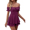image:imageLYANER Womens Summer Off The Shoulder Wrap Tie Back Short Sleeve Ruffle Romper Dress Short JumpsuitMagenta