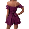 image:imageLYANER Womens Summer Off The Shoulder Wrap Tie Back Short Sleeve Ruffle Romper Dress Short JumpsuitMagenta