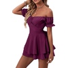 image:imageLYANER Womens Summer Off The Shoulder Wrap Tie Back Short Sleeve Ruffle Romper Dress Short JumpsuitMagenta