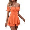 image:imageLYANER Womens Summer Off The Shoulder Wrap Tie Back Short Sleeve Ruffle Romper Dress Short JumpsuitOrange