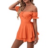 image:imageLYANER Womens Summer Off The Shoulder Wrap Tie Back Short Sleeve Ruffle Romper Dress Short JumpsuitOrange