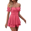 image:imageLYANER Womens Summer Off The Shoulder Wrap Tie Back Short Sleeve Ruffle Romper Dress Short JumpsuitPeach Red