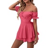 image:imageLYANER Womens Summer Off The Shoulder Wrap Tie Back Short Sleeve Ruffle Romper Dress Short JumpsuitPeach Red
