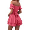 image:imageLYANER Womens Summer Off The Shoulder Wrap Tie Back Short Sleeve Ruffle Romper Dress Short JumpsuitPeach Red