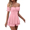 image:imageLYANER Womens Summer Off The Shoulder Wrap Tie Back Short Sleeve Ruffle Romper Dress Short JumpsuitPink