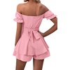 image:imageLYANER Womens Summer Off The Shoulder Wrap Tie Back Short Sleeve Ruffle Romper Dress Short JumpsuitPink