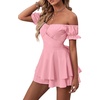 image:imageLYANER Womens Summer Off The Shoulder Wrap Tie Back Short Sleeve Ruffle Romper Dress Short JumpsuitPink