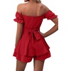 image:imageLYANER Womens Summer Off The Shoulder Wrap Tie Back Short Sleeve Ruffle Romper Dress Short JumpsuitRed