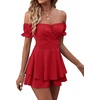 image:imageLYANER Womens Summer Off The Shoulder Wrap Tie Back Short Sleeve Ruffle Romper Dress Short JumpsuitRed