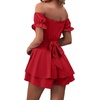 image:imageLYANER Womens Summer Off The Shoulder Wrap Tie Back Short Sleeve Ruffle Romper Dress Short JumpsuitRed