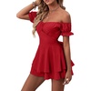 image:imageLYANER Womens Summer Off The Shoulder Wrap Tie Back Short Sleeve Ruffle Romper Dress Short JumpsuitRed