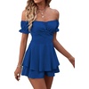 image:imageLYANER Womens Summer Off The Shoulder Wrap Tie Back Short Sleeve Ruffle Romper Dress Short JumpsuitRoyal Blue