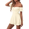 image:imageLYANER Womens Summer Off The Shoulder Wrap Tie Back Short Sleeve Ruffle Romper Dress Short JumpsuitSolid Beige