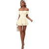image:imageLYANER Womens Summer Off The Shoulder Wrap Tie Back Short Sleeve Ruffle Romper Dress Short JumpsuitSolid Beige