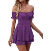 image:imageLYANER Womens Summer Off The Shoulder Wrap Tie Back Short Sleeve Ruffle Romper Dress Short JumpsuitSolid Deep Purple