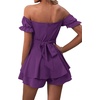 image:imageLYANER Womens Summer Off The Shoulder Wrap Tie Back Short Sleeve Ruffle Romper Dress Short JumpsuitSolid Deep Purple