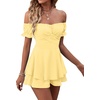 image:imageLYANER Womens Summer Off The Shoulder Wrap Tie Back Short Sleeve Ruffle Romper Dress Short JumpsuitSolid Light Yellow