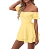 image:imageLYANER Womens Summer Off The Shoulder Wrap Tie Back Short Sleeve Ruffle Romper Dress Short JumpsuitSolid Light Yellow