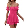 image:imageLYANER Womens Summer Off The Shoulder Wrap Tie Back Short Sleeve Ruffle Romper Dress Short JumpsuitSolid Rose