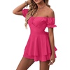 image:imageLYANER Womens Summer Off The Shoulder Wrap Tie Back Short Sleeve Ruffle Romper Dress Short JumpsuitSolid Rose