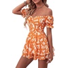 image:imageLYANER Womens Summer Off The Shoulder Wrap Tie Back Short Sleeve Ruffle Romper Dress Short JumpsuitTangerine Lily