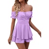 image:imageLYANER Womens Summer Off The Shoulder Wrap Tie Back Short Sleeve Ruffle Romper Dress Short JumpsuitViolet