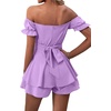 image:imageLYANER Womens Summer Off The Shoulder Wrap Tie Back Short Sleeve Ruffle Romper Dress Short JumpsuitViolet