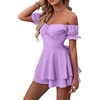 image:imageLYANER Womens Summer Off The Shoulder Wrap Tie Back Short Sleeve Ruffle Romper Dress Short JumpsuitViolet