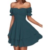 image:imageLYANER Womens Tie Back Off Shoulder Wrap Layer Ruffle A Line Short Sleeve Casual Mini DressTeal Blue