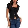 image:imageLYANER Womens Tie Front Button Scoop Neck Short Sleeve Going Out Crop Tops Slim Fit T ShirtBlack