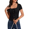 image:imageLYANER Womens Tie Front Button Scoop Neck Short Sleeve Going Out Crop Tops Slim Fit T ShirtBlack
