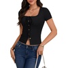 image:imageLYANER Womens Tie Front Button Scoop Neck Short Sleeve Going Out Crop Tops Slim Fit T ShirtBlack