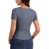 image:imageLYANER Womens Tie Front Button Scoop Neck Short Sleeve Going Out Crop Tops Slim Fit T ShirtDenim Blue