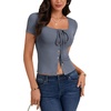 image:imageLYANER Womens Tie Front Button Scoop Neck Short Sleeve Going Out Crop Tops Slim Fit T ShirtDenim Blue