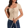 image:imageLYANER Womens Tie Front Button Scoop Neck Short Sleeve Going Out Crop Tops Slim Fit T ShirtLight Beige