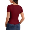 image:imageLYANER Womens Tie Front Button Scoop Neck Short Sleeve Going Out Crop Tops Slim Fit T ShirtLight Wine Red