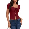 image:imageLYANER Womens Tie Front Button Scoop Neck Short Sleeve Going Out Crop Tops Slim Fit T ShirtLight Wine Red