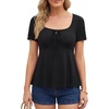 image:imageLYANER Womens Tie Front Square Neck Ruffle Ruched Short Sleeve Elegant Top ShirtBlack